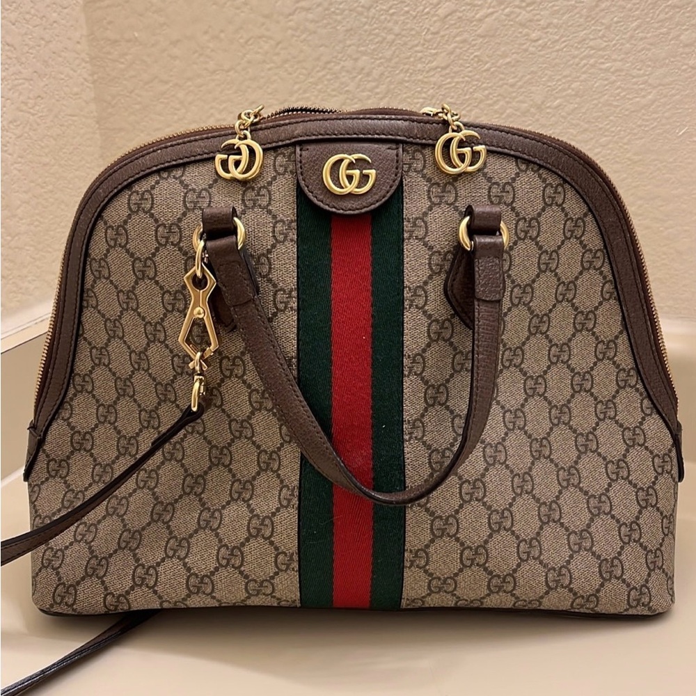 GUCCI GG Supreme Monogram Web Medium Ophidia Top Handle Dome Bag Brown
